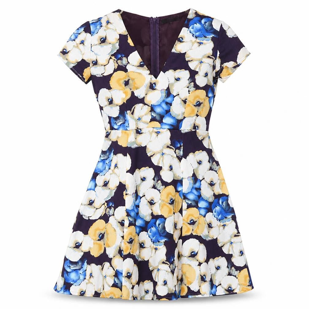 Goldie Womens Blue Floral Polyester Skater Dress Size XS V-Neck Zip