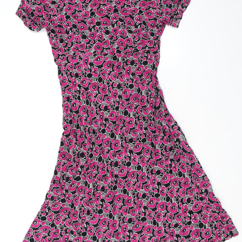 EAST Womens Purple Floral Viscose A-Line Size 12 V-Neck Button
