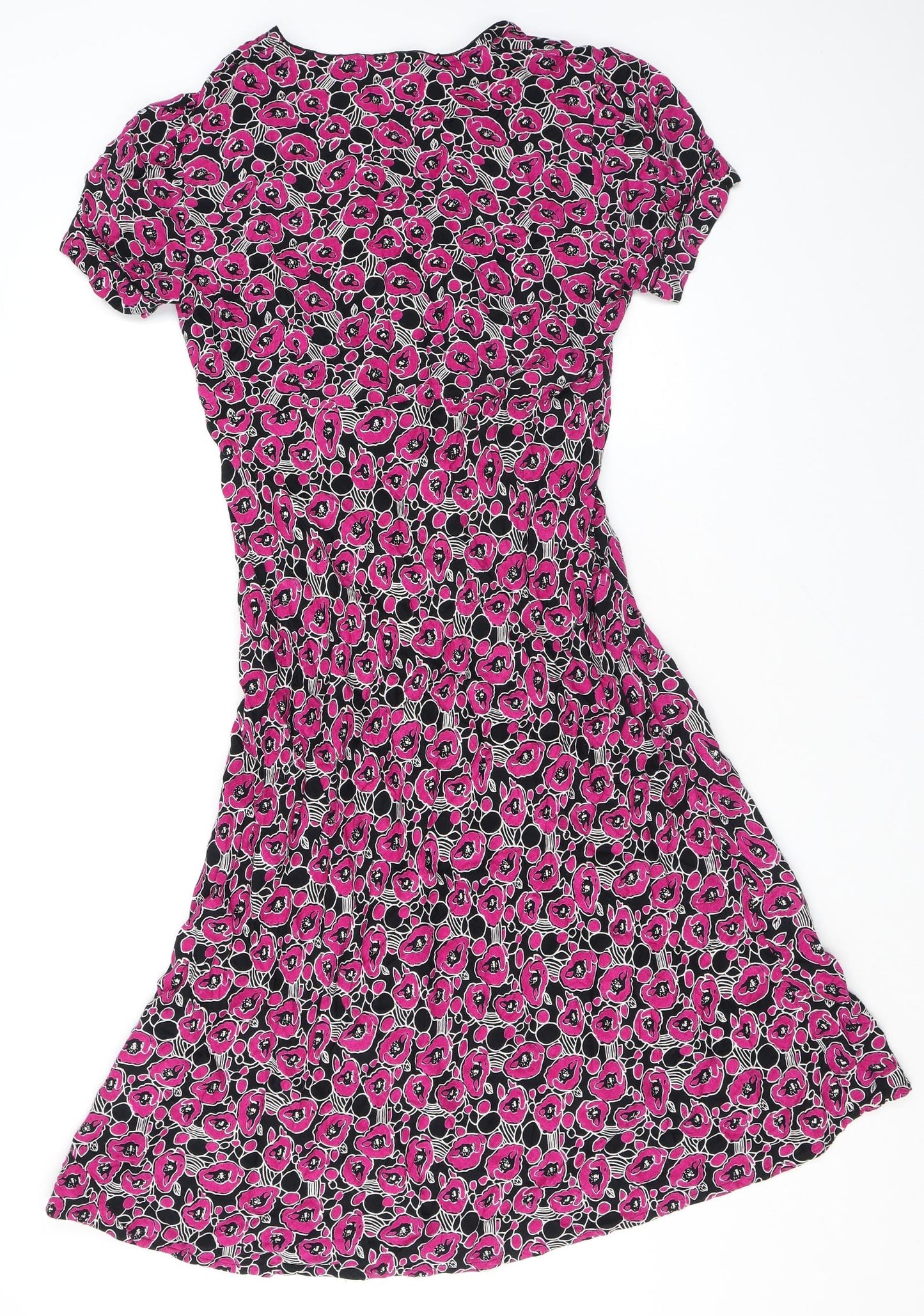 EAST Womens Purple Floral Viscose A-Line Size 12 V-Neck Button