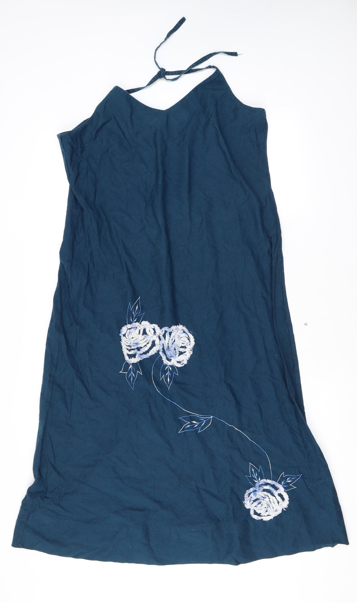 Adini Womens Blue Cotton A-Line Size L Halter Tie - Flower detail