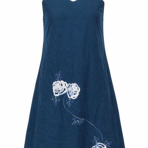 Adini Womens Blue Cotton A-Line Size L Halter Tie - Flower detail