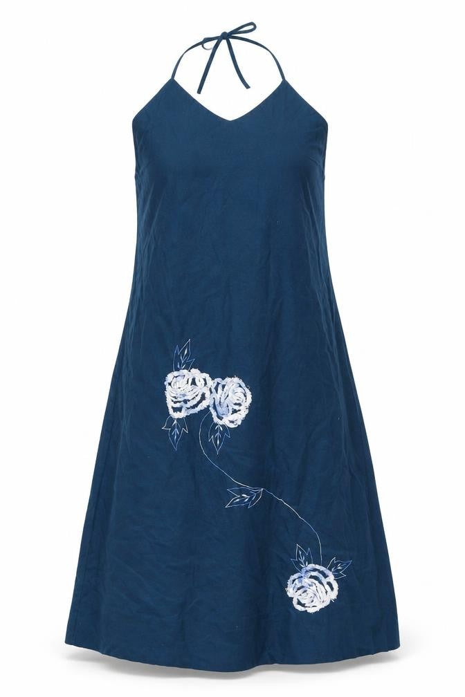 Adini Womens Blue Cotton A-Line Size L Halter Tie - Flower detail