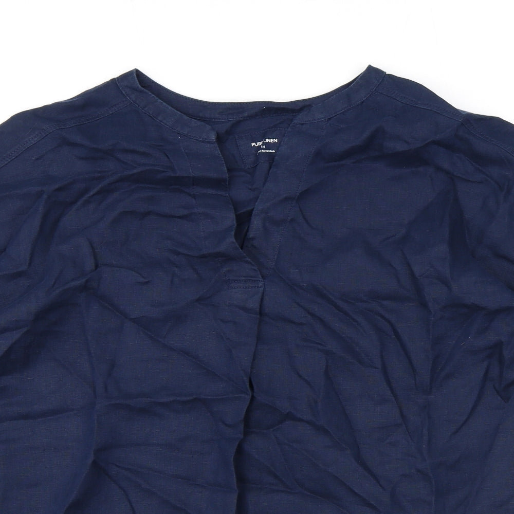 Marks and Spencer Womens Blue Linen Basic Blouse Size 14 Henley
