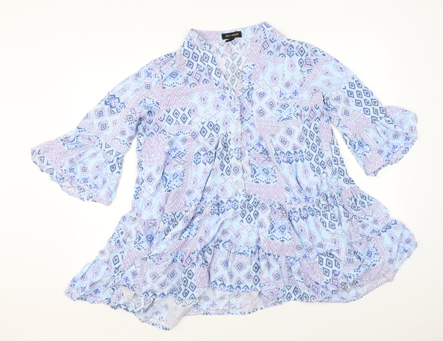 QED London Womens Blue Geometric Viscose Tunic Blouse Size S Henley