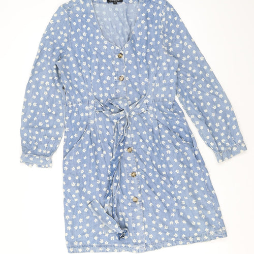 Velvet Heart Womens Blue Fair Isle Cotton Shirt Dress Size S V-Neck Button