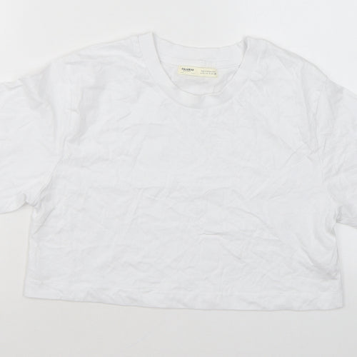 Pull&Bear Womens White Cotton Basic T-Shirt Size S Round Neck