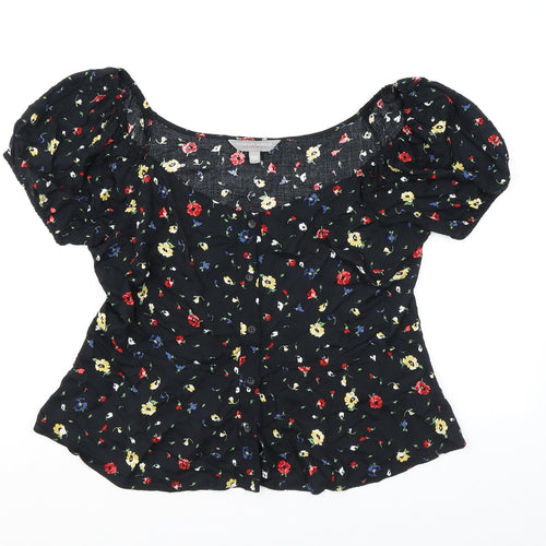 Dorothy Perkins Womens Black Floral Viscose Basic Button-Up Size 12 Boat Neck