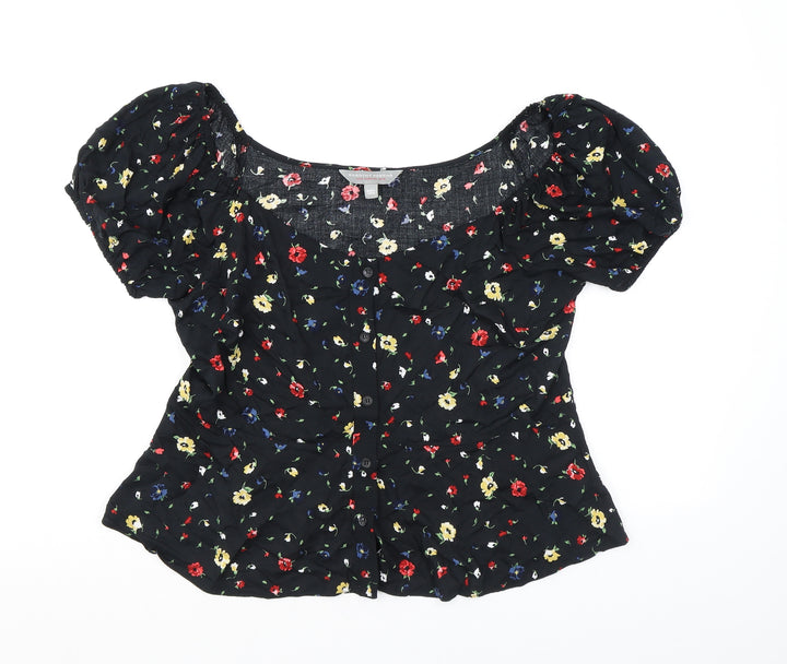 Dorothy Perkins Womens Black Floral Viscose Basic Button-Up Size 12 Boat Neck