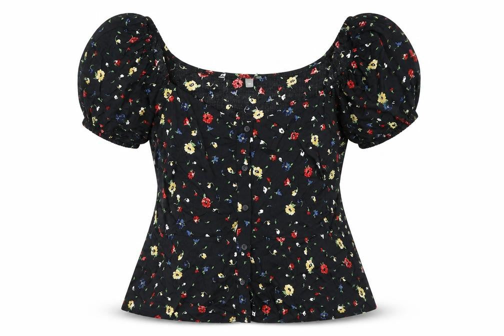 Front view of Dorothy Perkins women’s black floral viscose basic button-up, size UK 12, boat neck