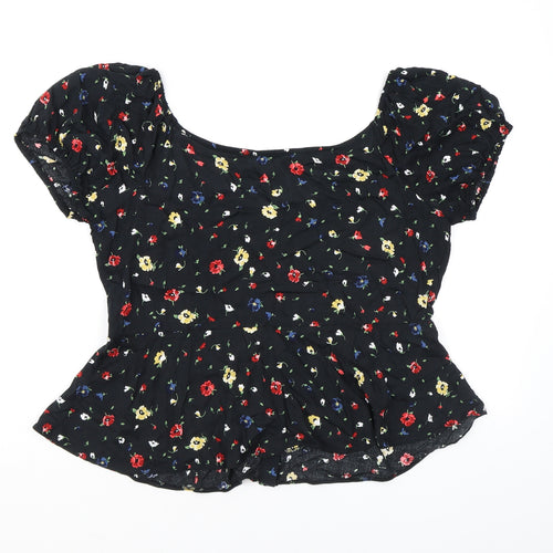 Dorothy Perkins Womens Black Floral Viscose Basic Button-Up Size 12 Boat Neck