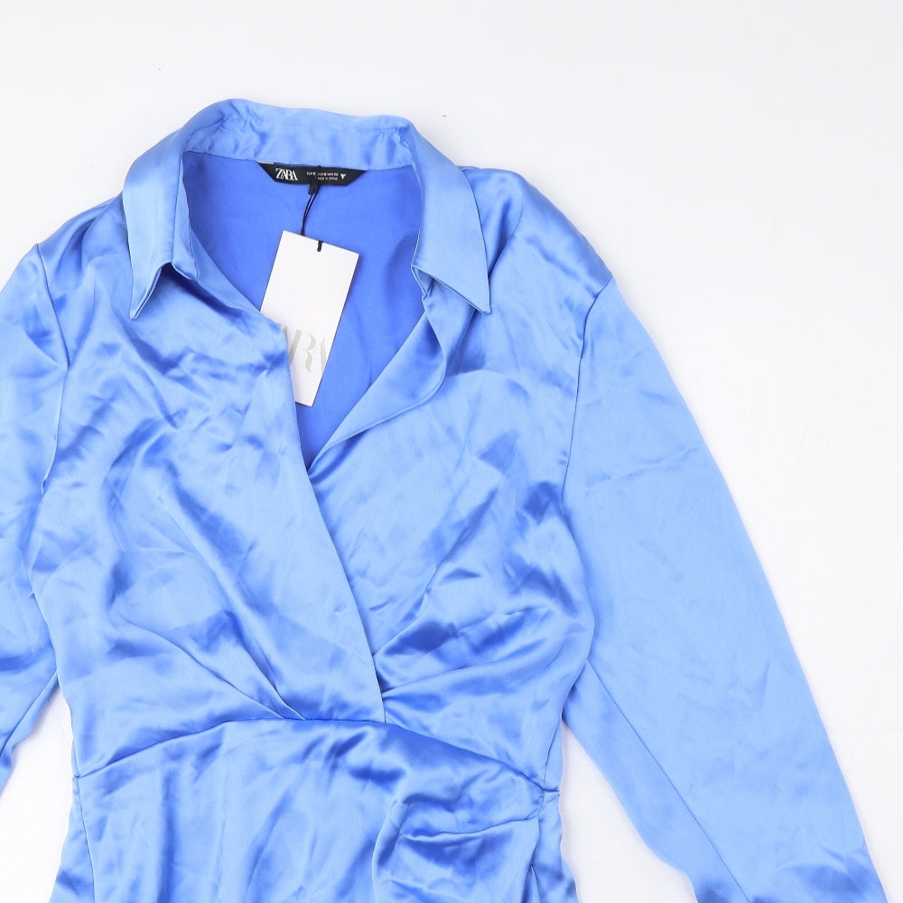 Zara Womens Blue Polyester A-Line Size S Collared Zip