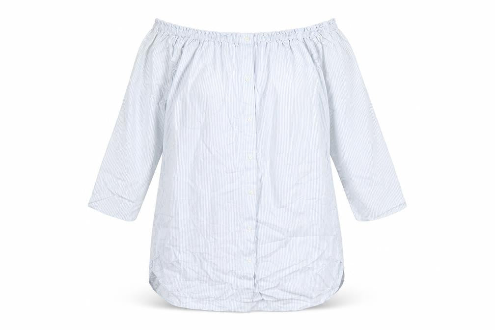 Front view of Zara women’s blue striped 100% cotton basic button-up, size XS, off the shoulder