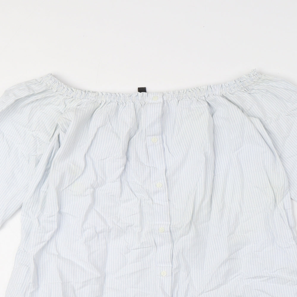 Zara Womens Blue Striped 100% Cotton Basic Button-Up Size XS Off the Shoulder