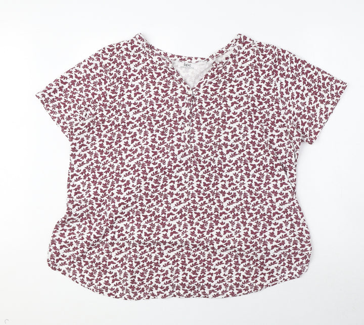 bonprix Womens Purple Geometric 100% Cotton Basic T-Shirt Size L Henley - Butterfly