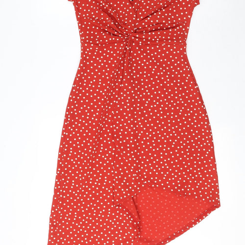 PRETTYLITTLETHING Womens Red Polka Dot Polyester Fit & Flare Size 8 V-Neck Zip