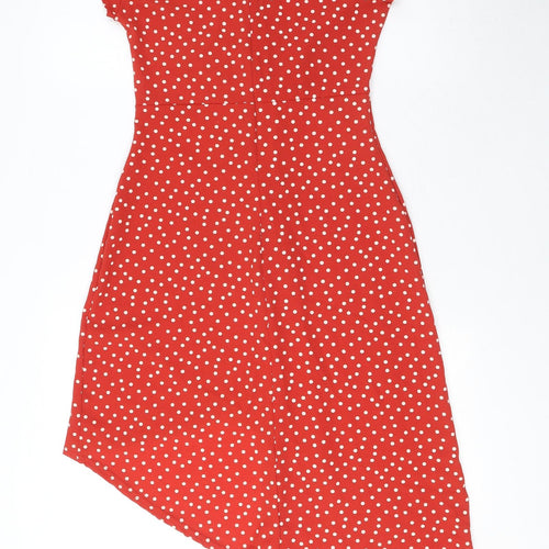 PRETTYLITTLETHING Womens Red Polka Dot Polyester Fit & Flare Size 8 V-Neck Zip