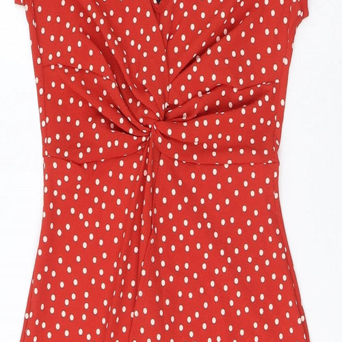 PRETTYLITTLETHING Womens Red Polka Dot Polyester Fit & Flare Size 8 V-Neck Zip