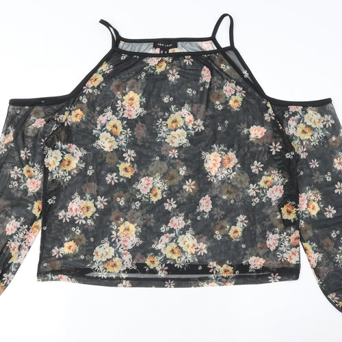 New Look Womens Black Floral Polyester Basic Blouse Size 10 Square Neck - Cold Shoulder