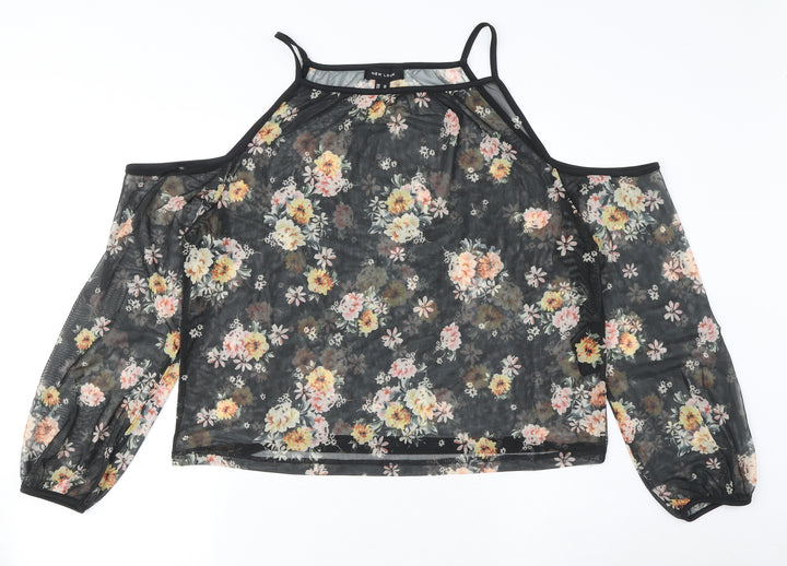 New Look Womens Black Floral Polyester Basic Blouse Size 10 Square Neck - Cold Shoulder