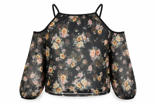 Front view of New Look women’s black floral polyester basic blouse, size UK 10, square neck - cold shoulder