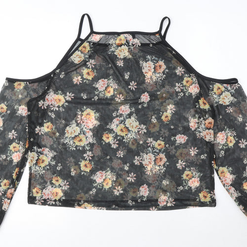 New Look Womens Black Floral Polyester Basic Blouse Size 10 Square Neck - Cold Shoulder