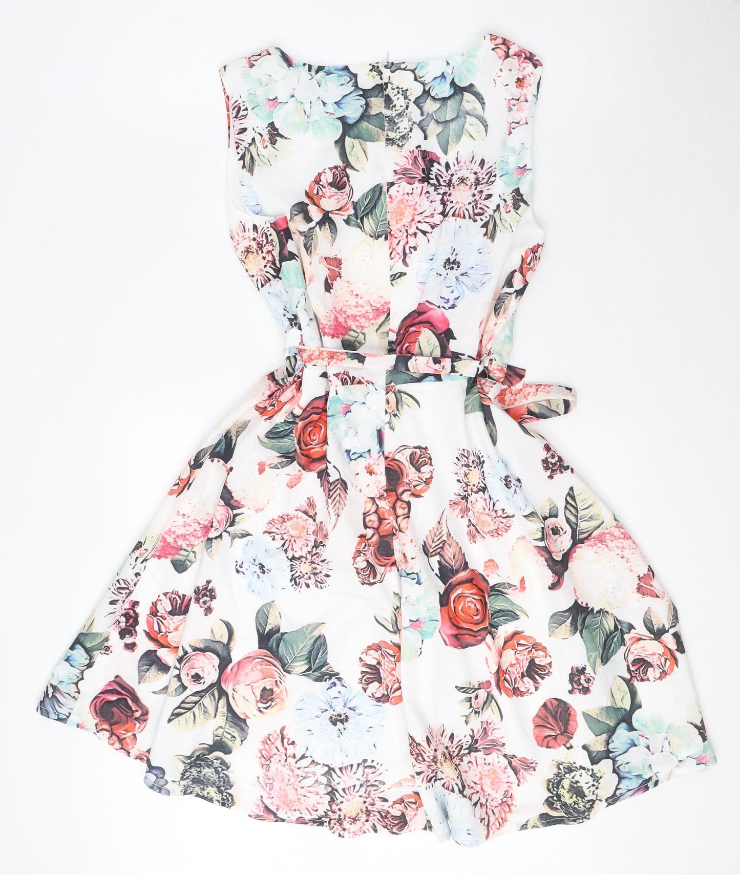 Tenki Womens White Floral Polyester Shift Size 10 Round Neck Zip