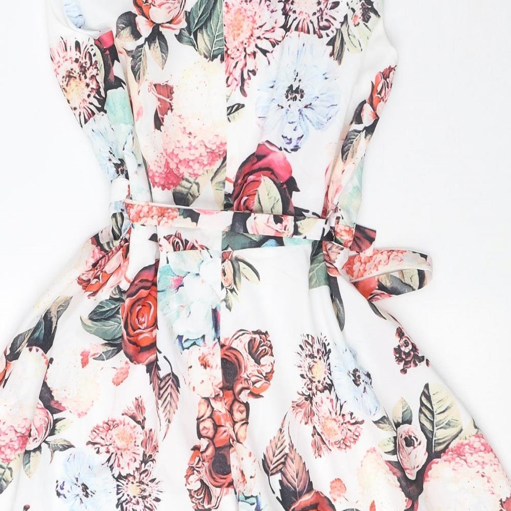 Tenki Womens White Floral Polyester Shift Size 10 Round Neck Zip