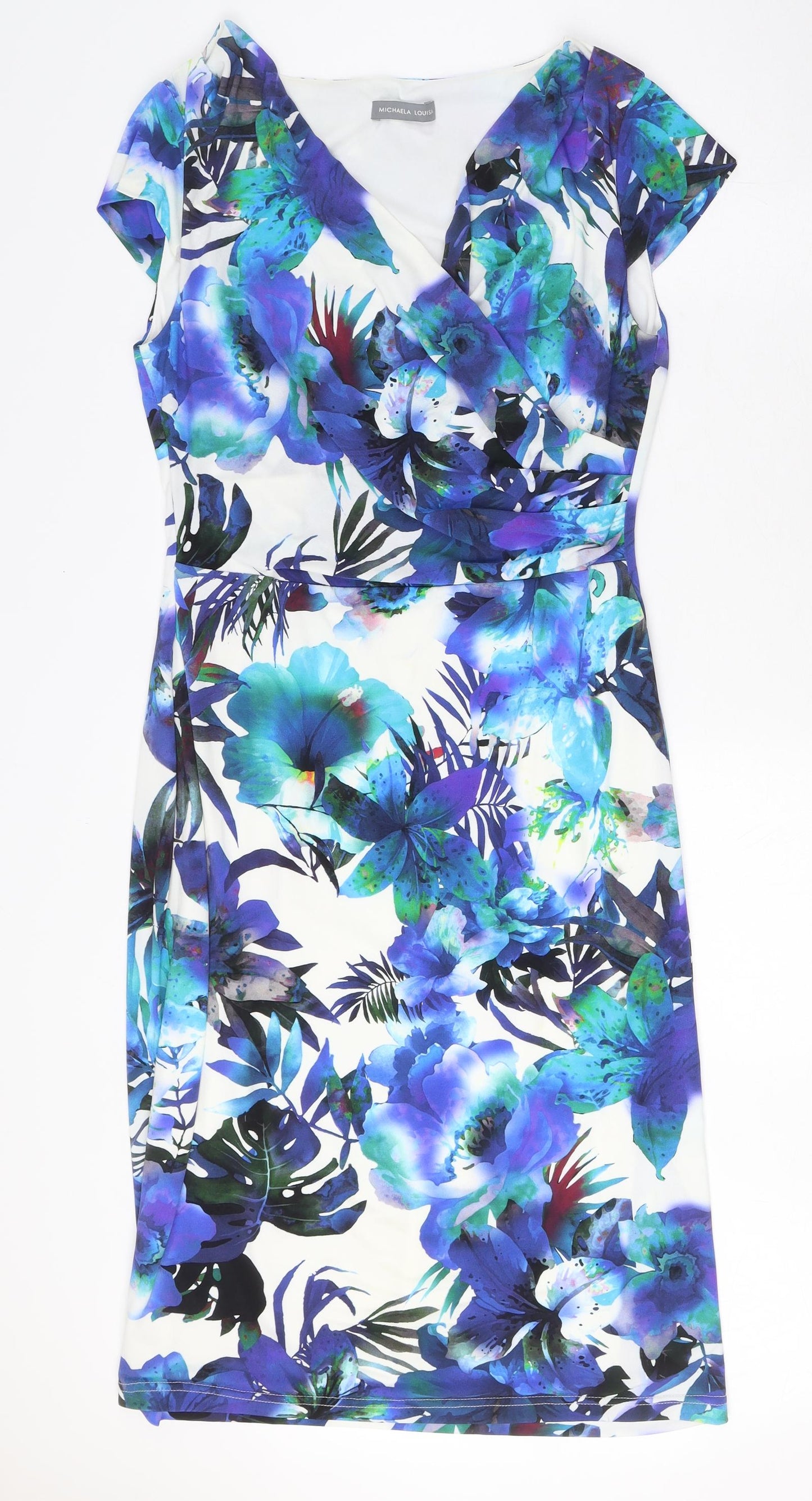 Michaela Louisa Womens Blue Floral Polyester Shift Size 12 V-Neck Pullover