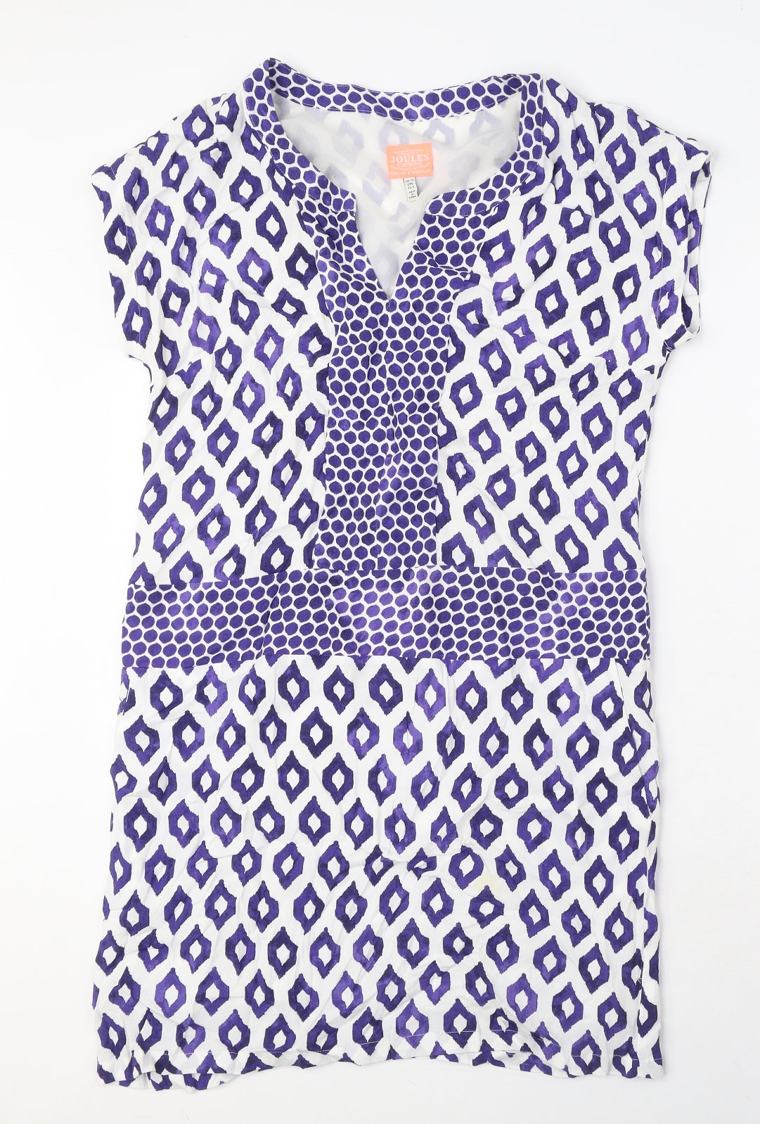 Joules Womens Blue Geometric Viscose A-Line Size 10 V-Neck Pullover