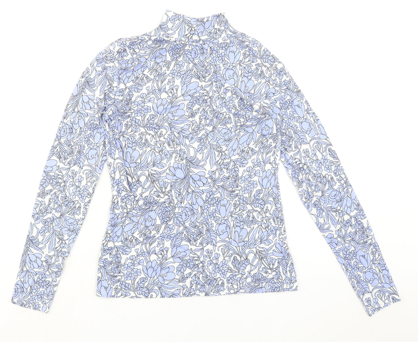 Marks and Spencer Womens Blue Floral Cotton Basic T-Shirt Size 10 Mock Neck