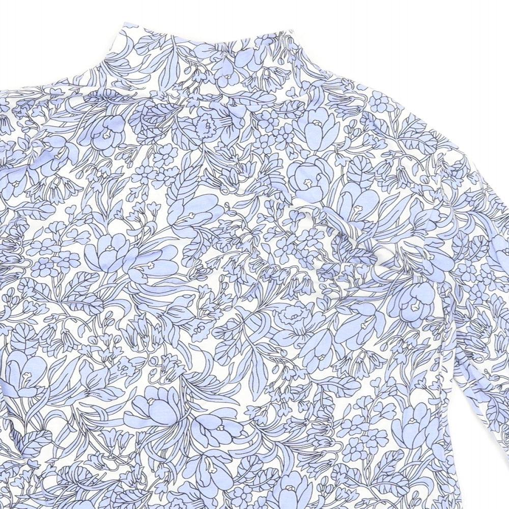 Marks and Spencer Womens Blue Floral Cotton Basic T-Shirt Size 10 Mock Neck