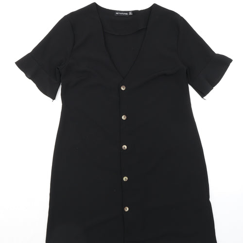 PRETTYLITTLETHING Womens Black Polyester A-Line Size 8 V-Neck Button
