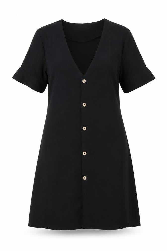 Front view of PRETTYLITTLETHING women’s black polyester a-line, size UK 8, v-neck button
