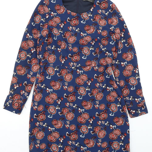 Zara Womens Multicoloured Floral Polyester A-Line Size L Round Neck Zip