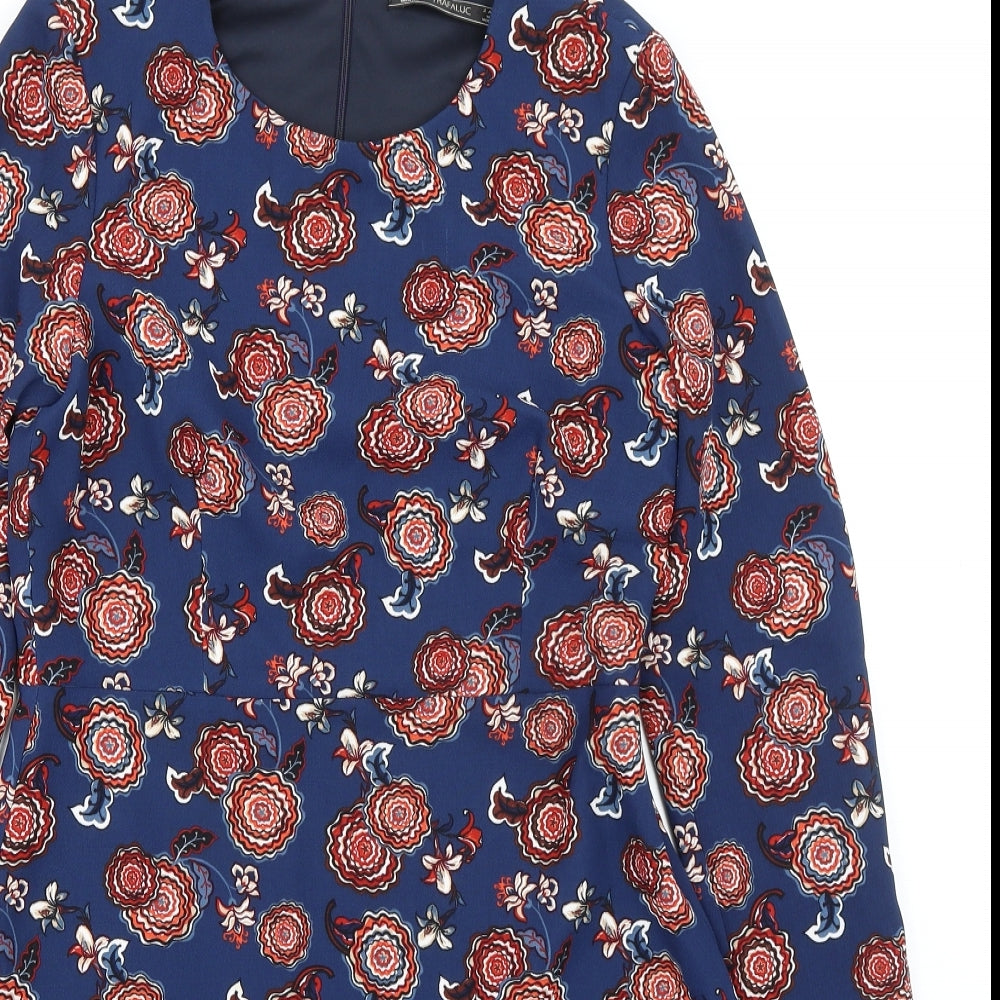 Zara Womens Multicoloured Floral Polyester A-Line Size L Round Neck Zip