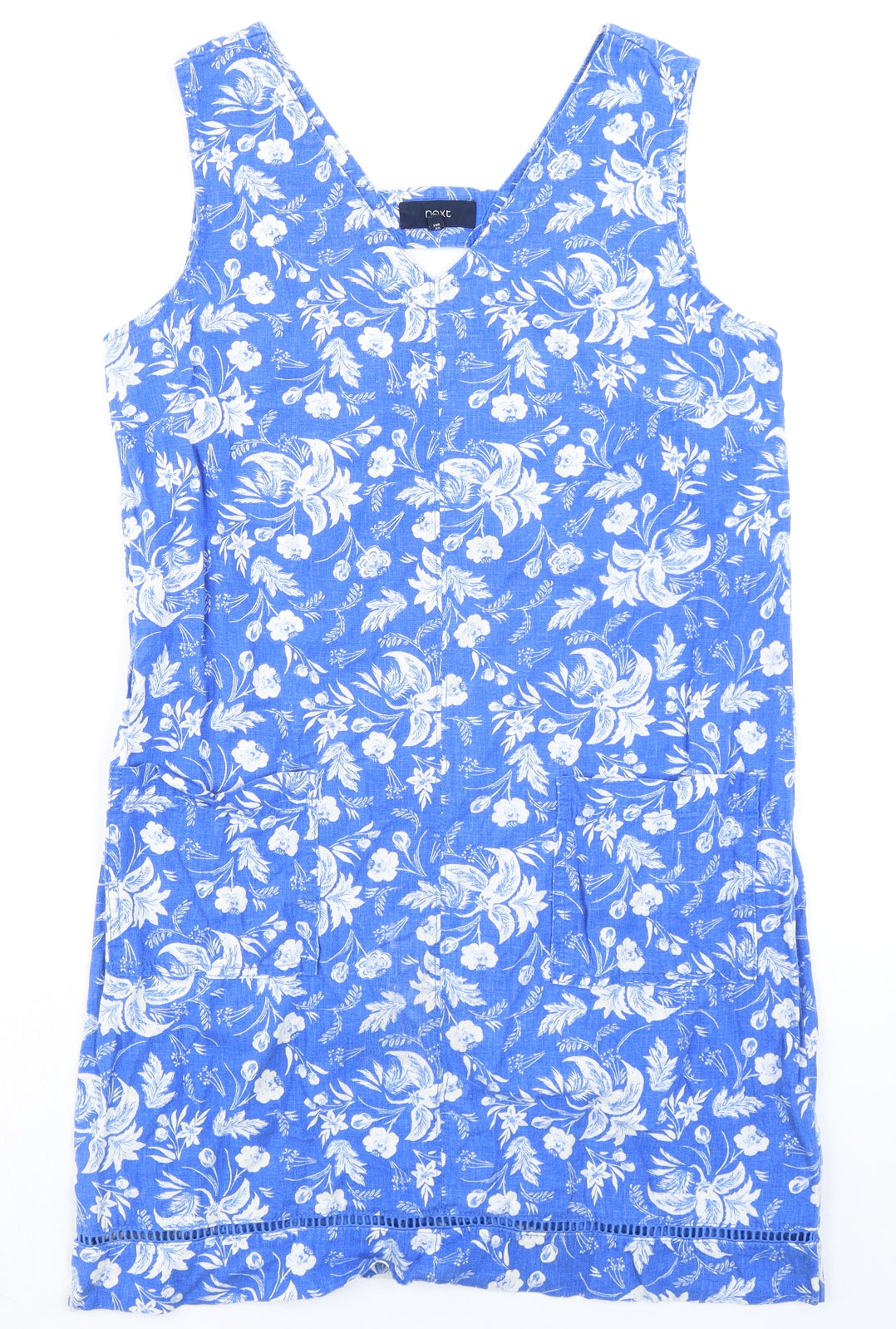 NEXT Womens Blue Floral Linen A-Line Size 12 V-Neck Pullover