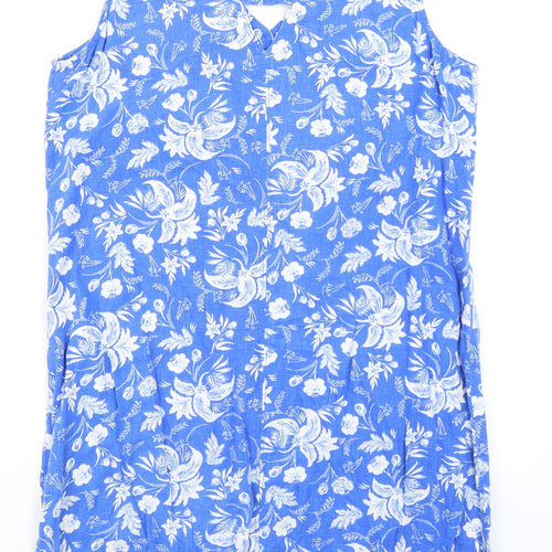 NEXT Womens Blue Floral Linen A-Line Size 12 V-Neck Pullover