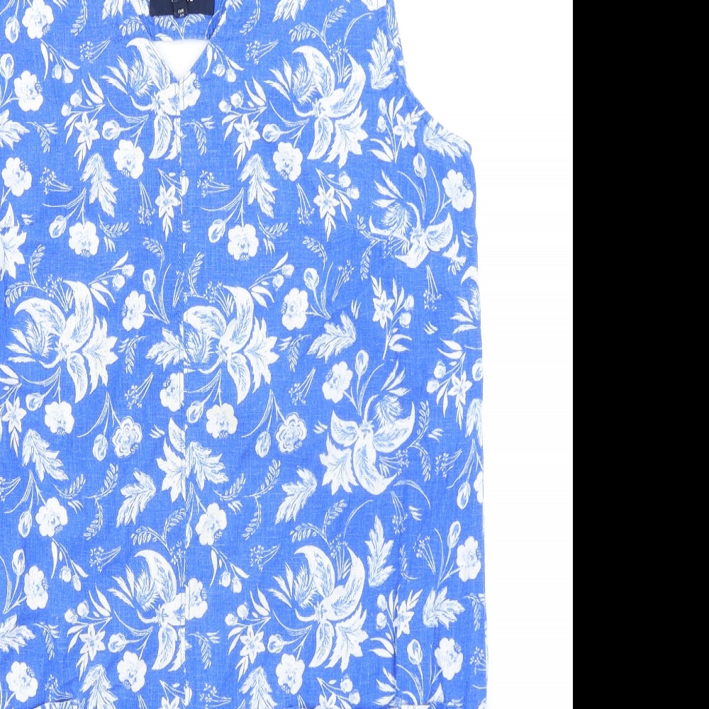 NEXT Womens Blue Floral Linen A-Line Size 12 V-Neck Pullover