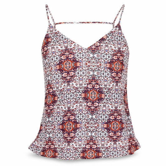 Front view of Just Jeans women’s multicoloured geometric polyester basic tank, size UK 10, v-neck