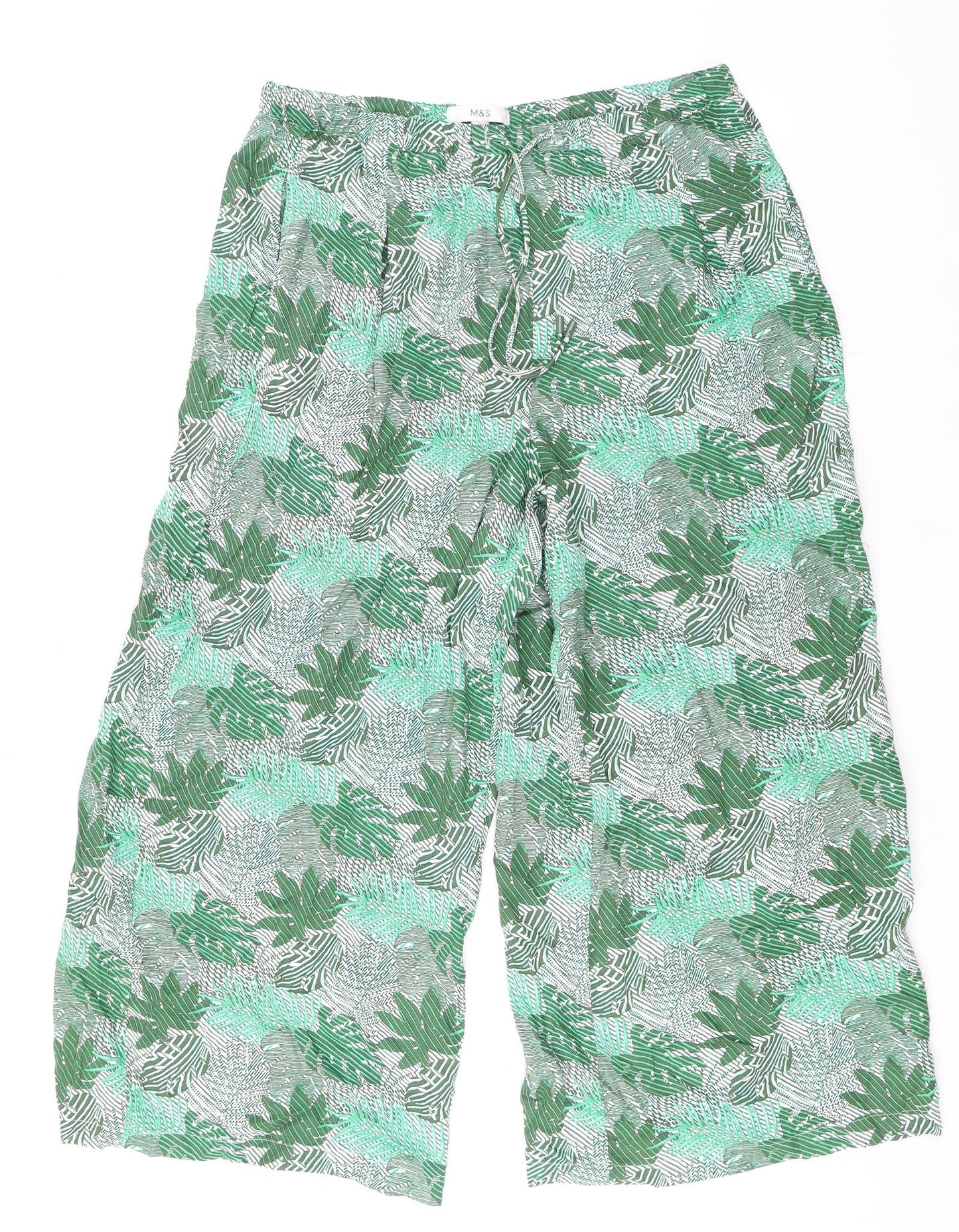Marks and Spencer Womens Green Geometric Viscose Cropped Trousers Size 14 L25 in Regular Drawstring