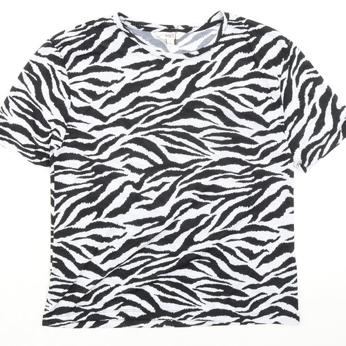 Marks and Spencer Womens Black Animal Print Polyester Basic T-Shirt Size 8 Round Neck - Zebra Print