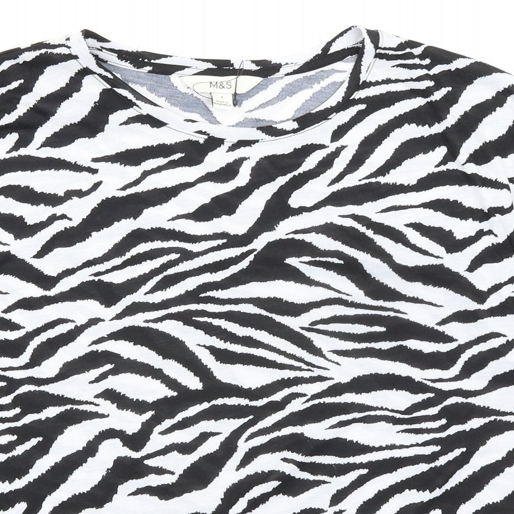 Marks and Spencer Womens Black Animal Print Polyester Basic T-Shirt Size 8 Round Neck - Zebra Print
