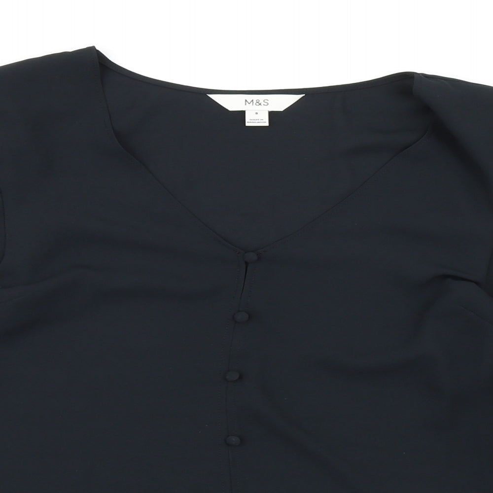 Marks and Spencer Womens Black Polyester Basic Blouse Size 8 V-Neck