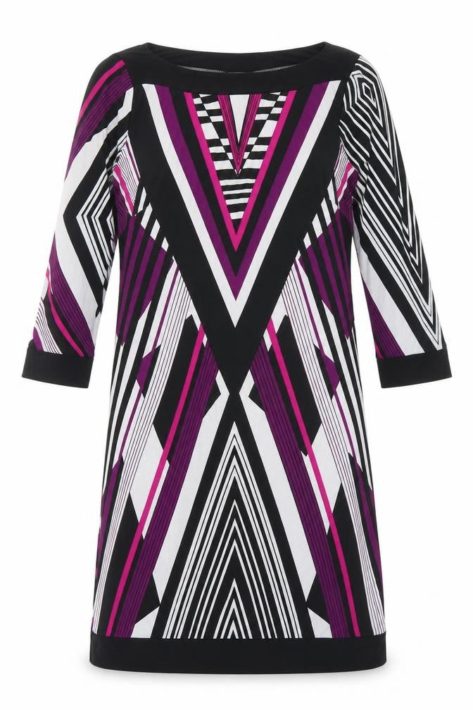 Front view of Marks & Spencer women’s multicoloured geometric polyester shift, size UK 8, boat neck pullover