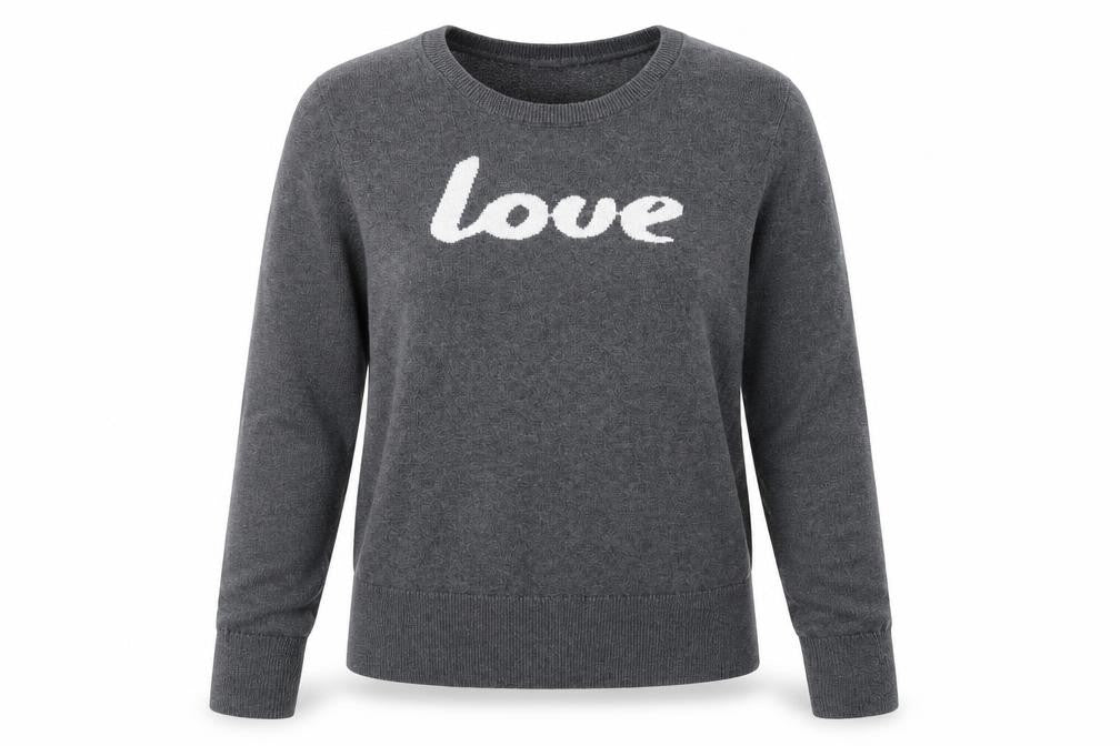 Front view of Gap women’s grey round neck cotton jumper, size L, pullover - love
