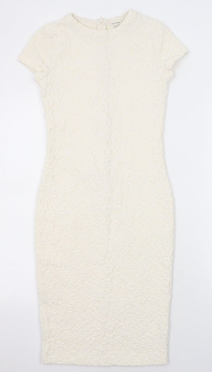 River Island Womens Ivory Geometric Polyester Pencil Dress Size 8 Round Neck Zip