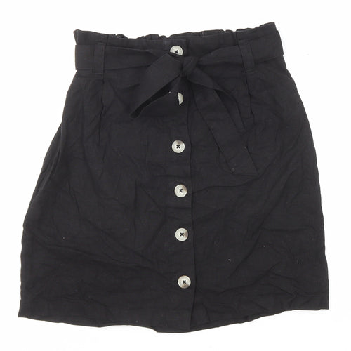 New Look Womens Black Linen A-Line Skirt Size 8 Button - Belt included