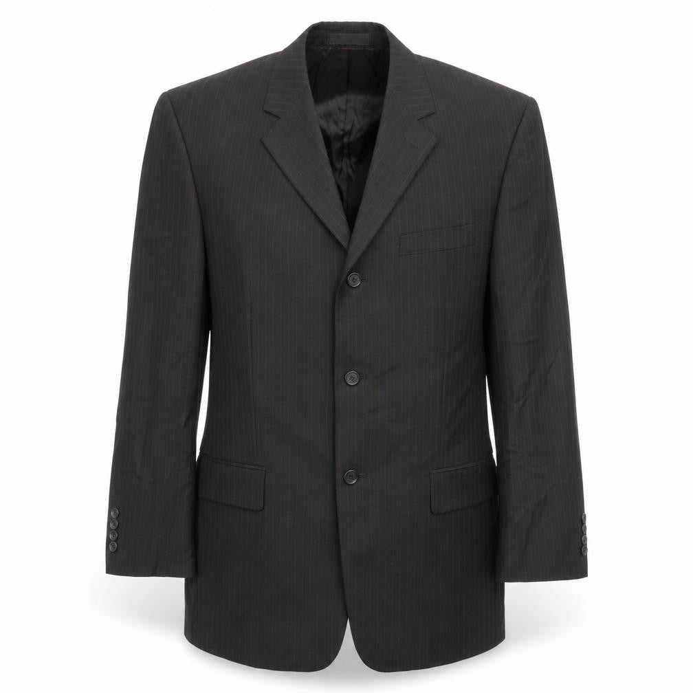 Front view of BHS men’s black striped wool jacket suit jacket, size 40, regular