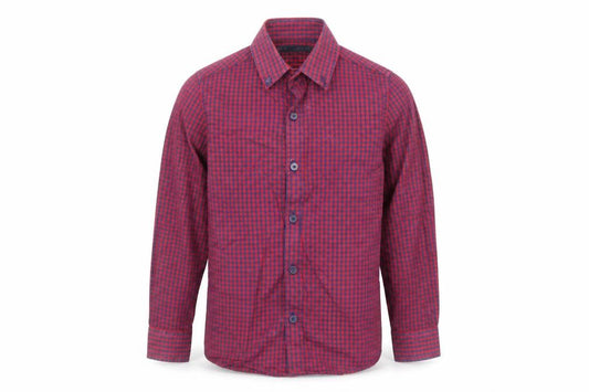 Front view of Next boys’ red check cotton basic button-up, size 5, years collared button