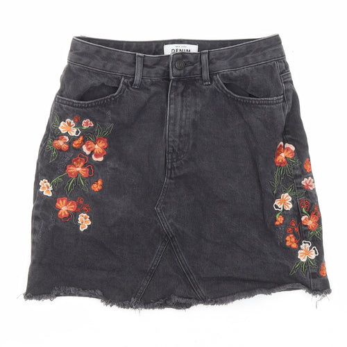 New Look Womens Black Floral Cotton A-Line Skirt Size 10 Zip